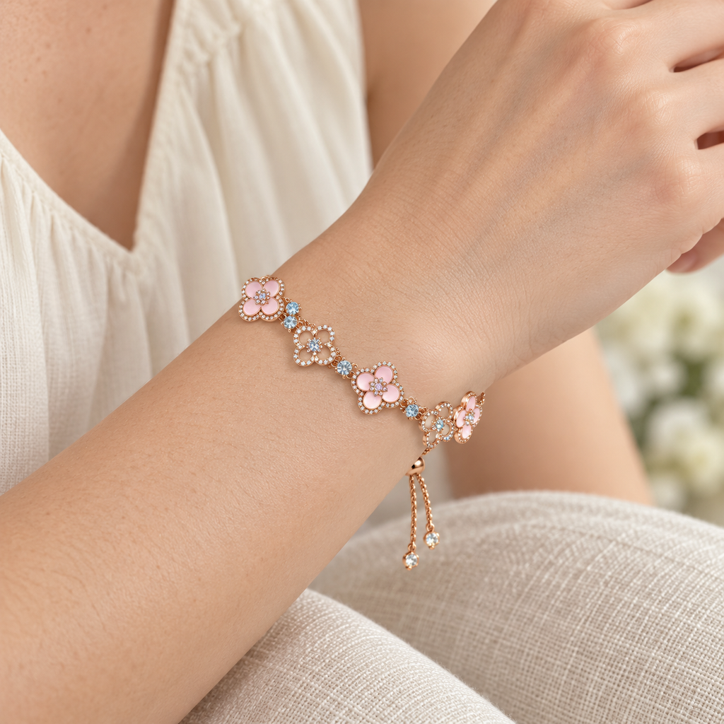 Vintage-Inspired Pink Mother-of-Pearl Four-Leaf Clover Bracelet