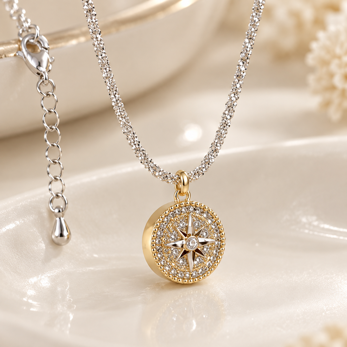 Two-Tone Crystal Compass Pendant Necklace