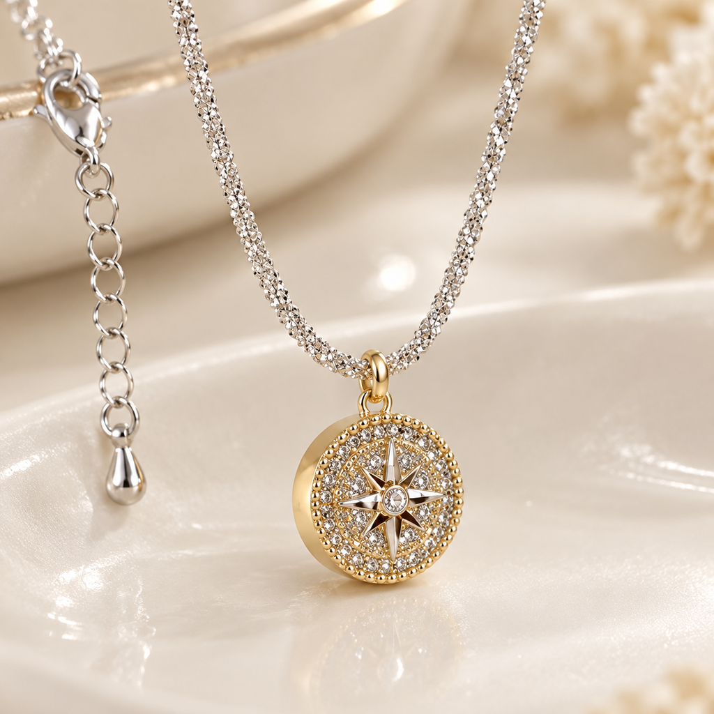 Two-Tone Crystal Compass Pendant Necklace