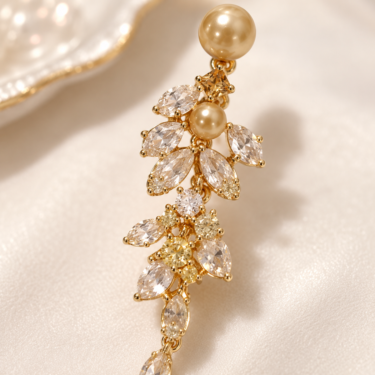 Champagne Pearl & Crystal Vine Drop Earrings