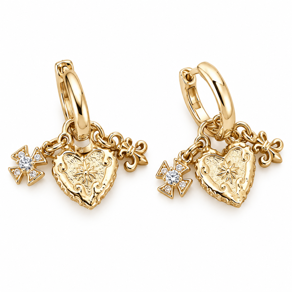 Coffee Gold Hoop Earrings with Detachable Heart & Cross Charms