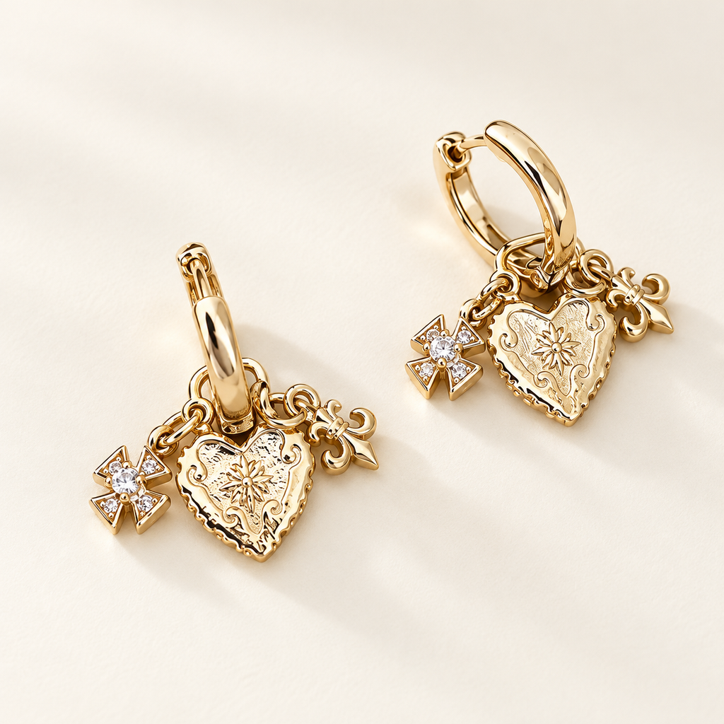 Coffee Gold Hoop Earrings with Detachable Heart & Cross Charms