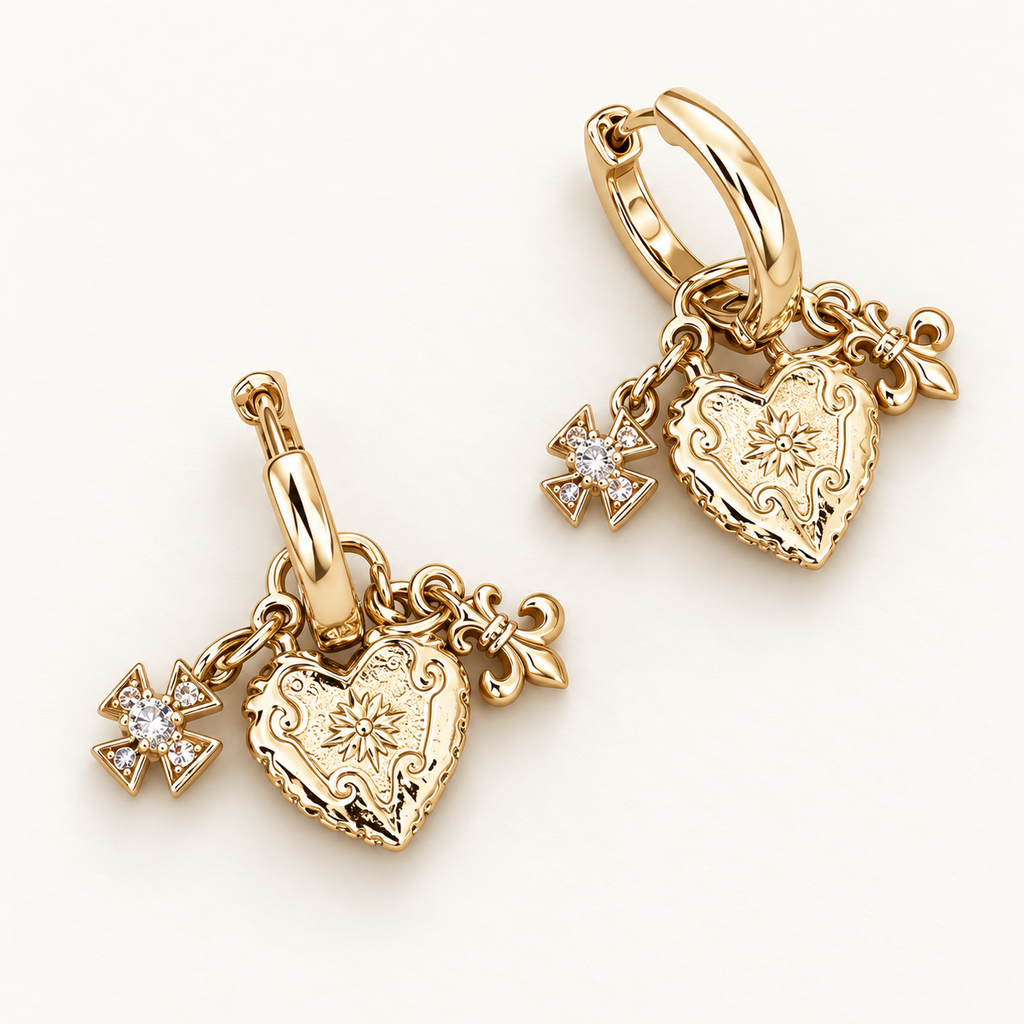 Coffee Gold Hoop Earrings with Detachable Heart & Cross Charms