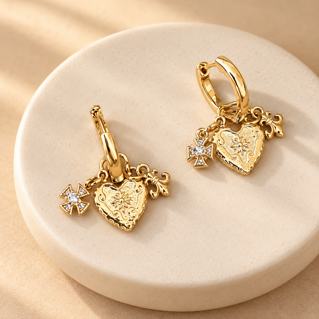 Coffee Gold Hoop Earrings with Detachable Heart & Cross Charms