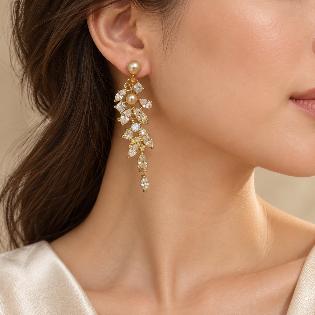 Champagne Pearl & Crystal Vine Drop Earrings