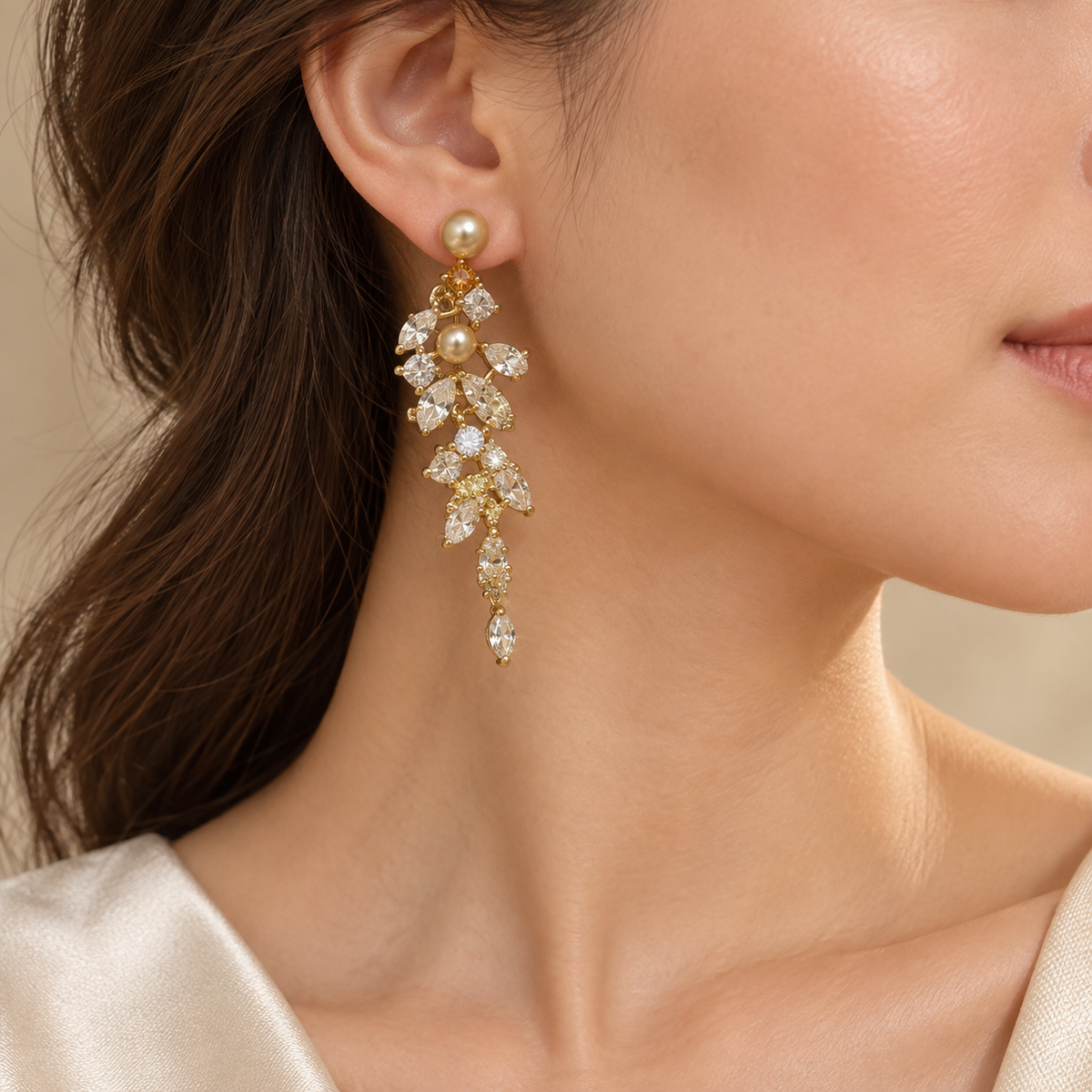 Champagne Pearl & Crystal Vine Drop Earrings