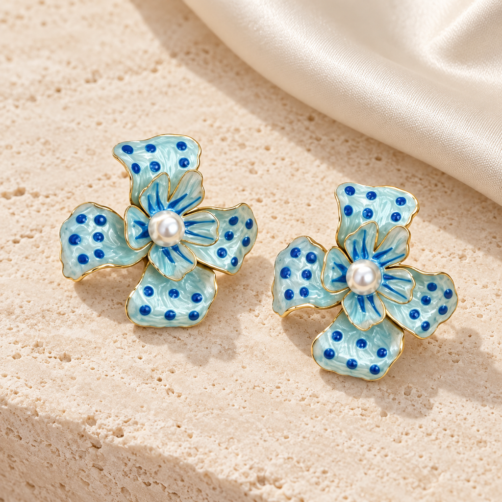 Azure Blue Floral Pearl Statement Earrings
