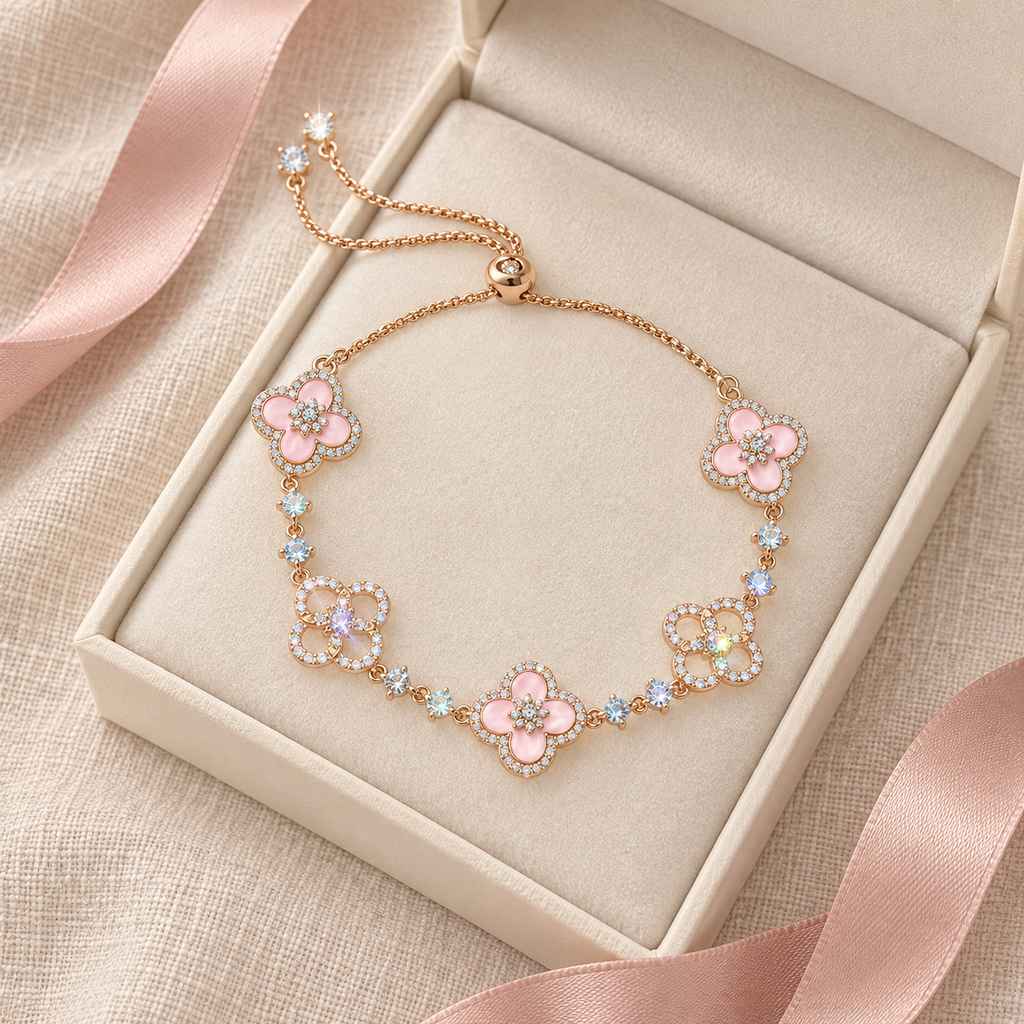 Vintage-Inspired Pink Mother-of-Pearl Four-Leaf Clover Bracelet