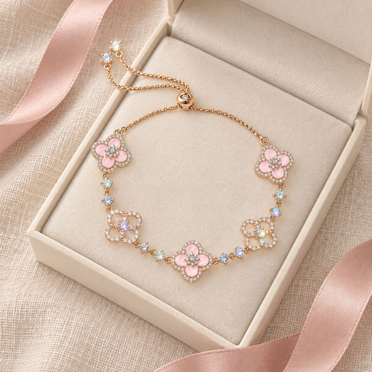 Vintage-Inspired Pink Mother-of-Pearl Four-Leaf Clover Bracelet