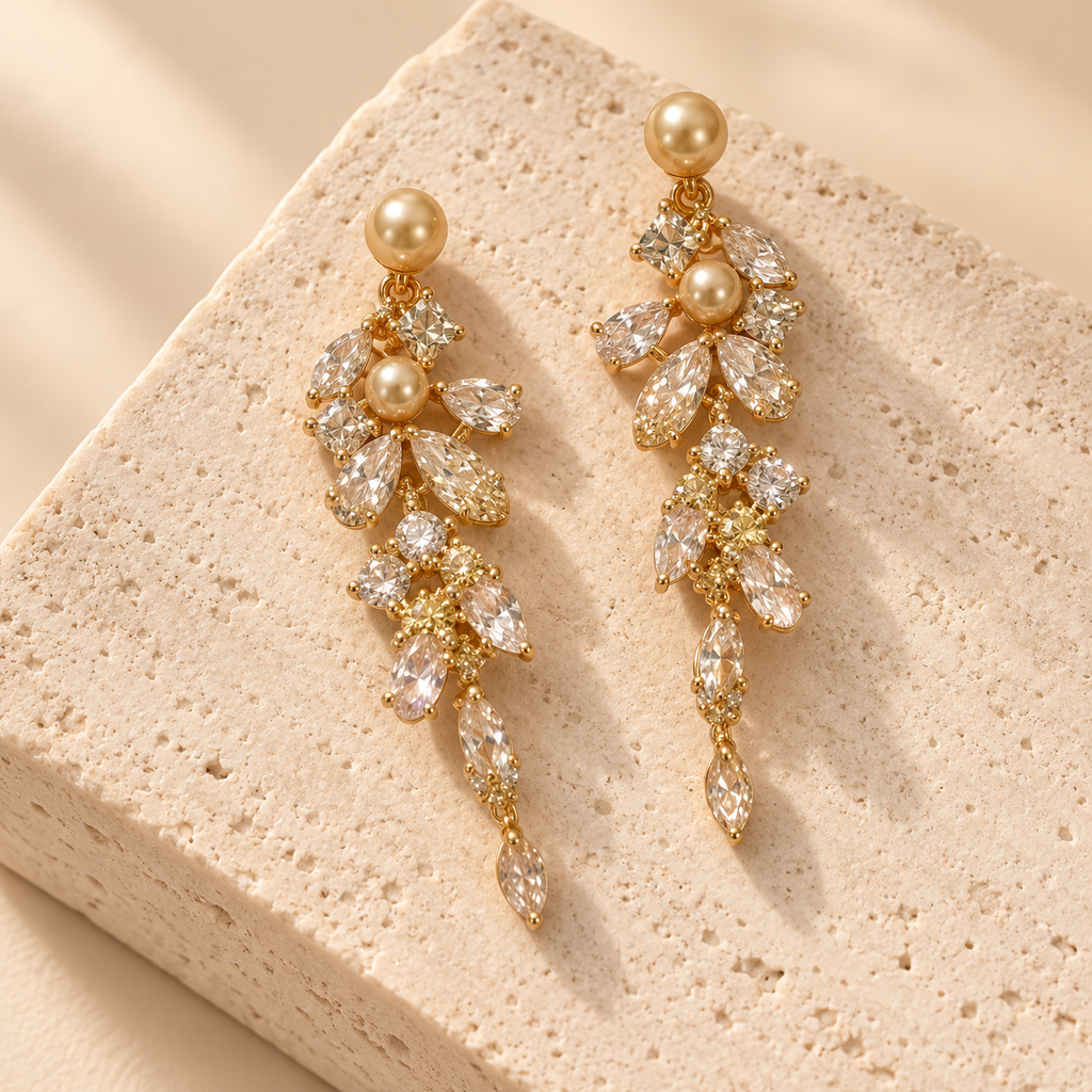 Champagne Pearl & Crystal Vine Drop Earrings