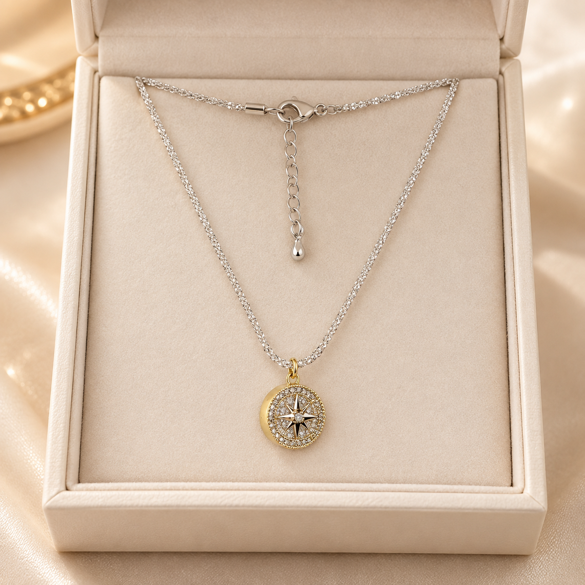 Two-Tone Crystal Compass Pendant Necklace