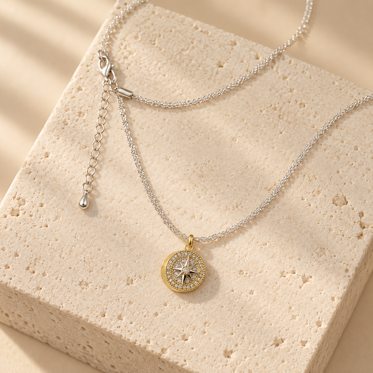 Two-Tone Crystal Compass Pendant Necklace