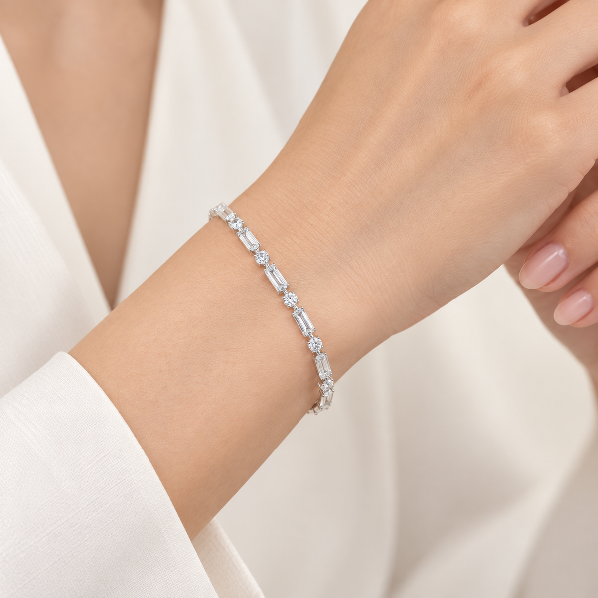 Baguette Crystal Tennis Bracelet | Silver Tone