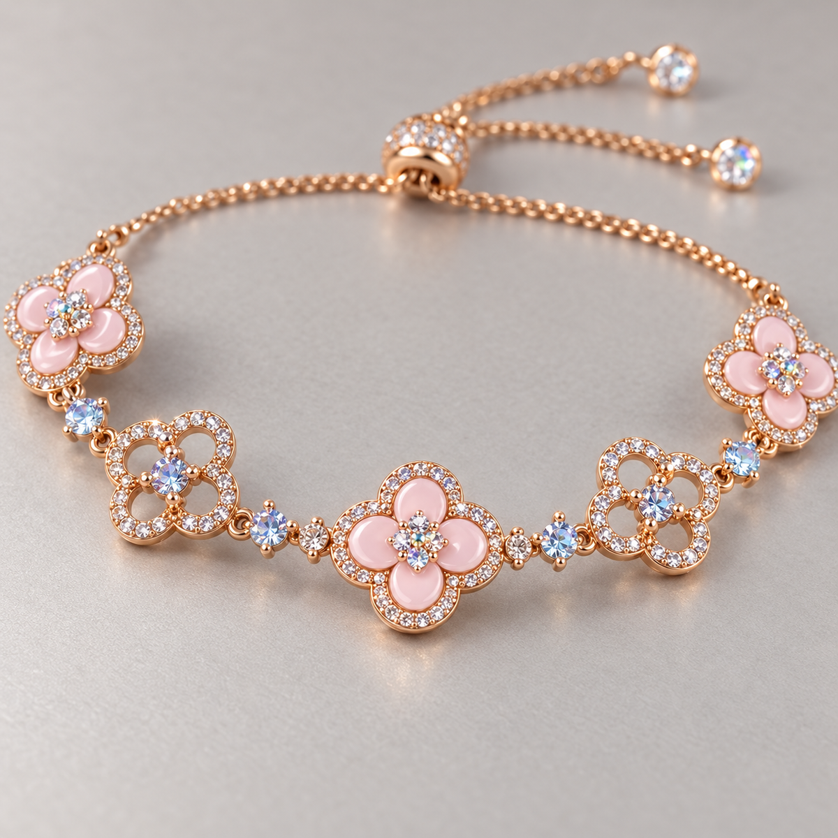 Vintage-Inspired Pink Mother-of-Pearl Four-Leaf Clover Bracelet