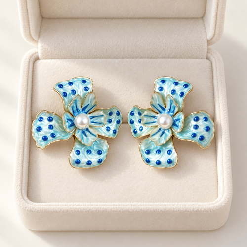Azure Blue Floral Pearl Statement Earrings