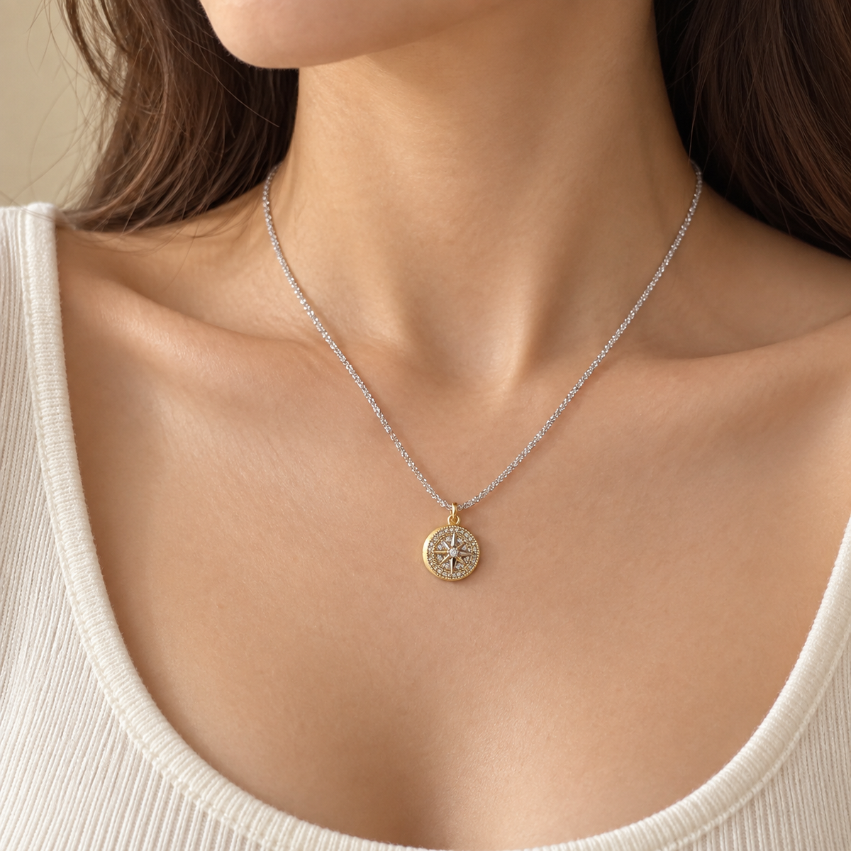 Two-Tone Crystal Compass Pendant Necklace