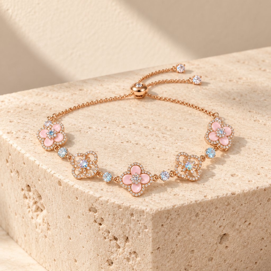 Vintage-Inspired Pink Mother-of-Pearl Four-Leaf Clover Bracelet