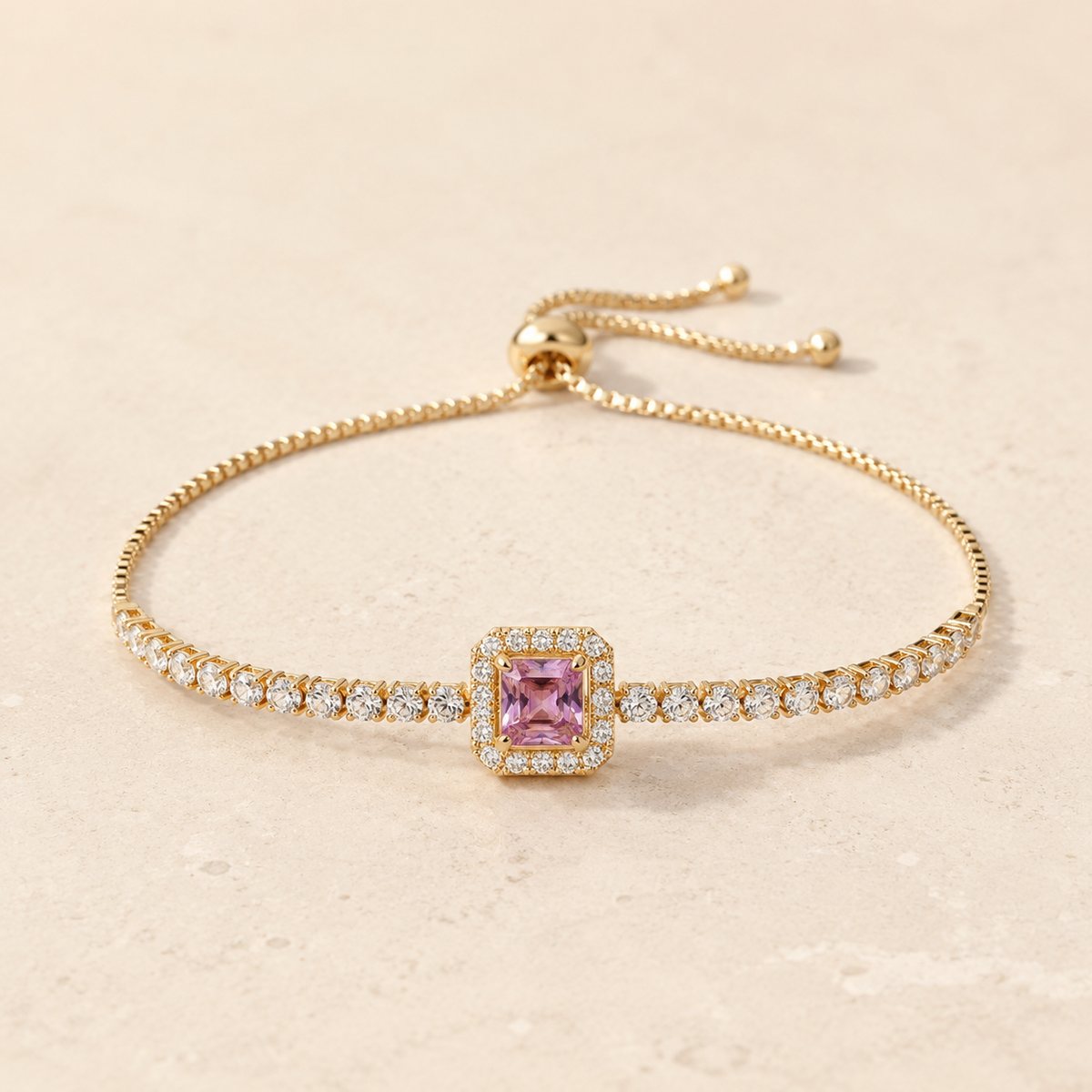 Rosé Square-Cut Slider Bracelet on a warm ivory studio background