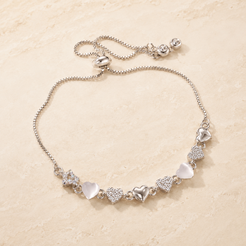 Moonlit Heart Slider Bracelet on a warm ivory studio background