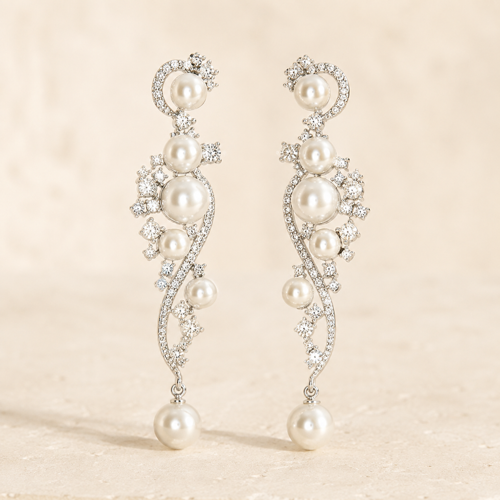 Opaline Pearl Cascade Earrings on a warm ivory studio background