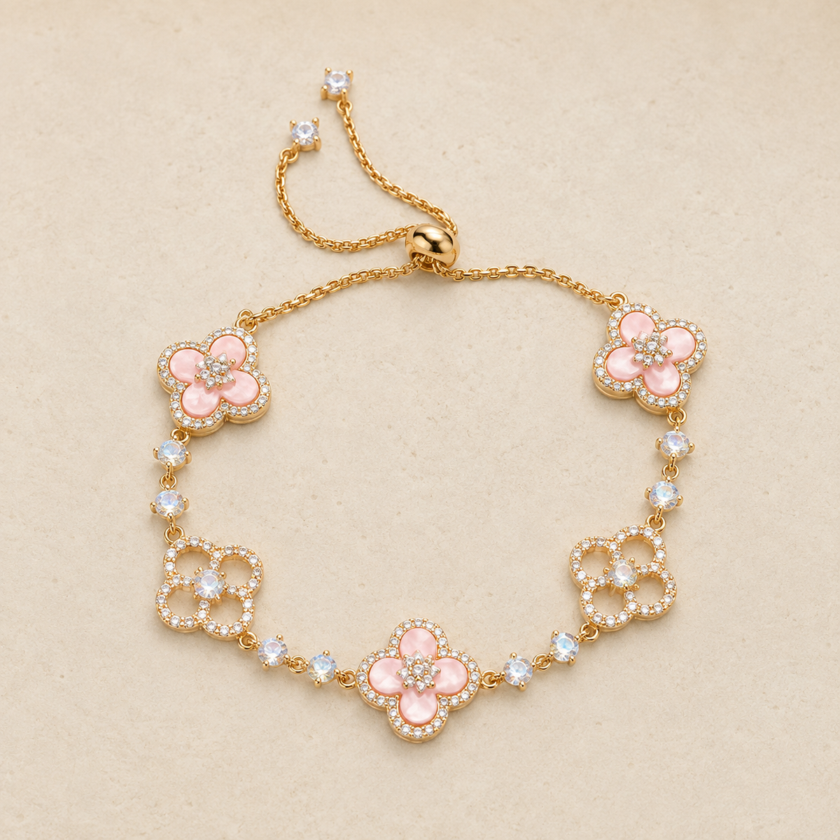 Rosé Clover Mother-of-Pearl-Effect Bracelet on a warm ivory studio background